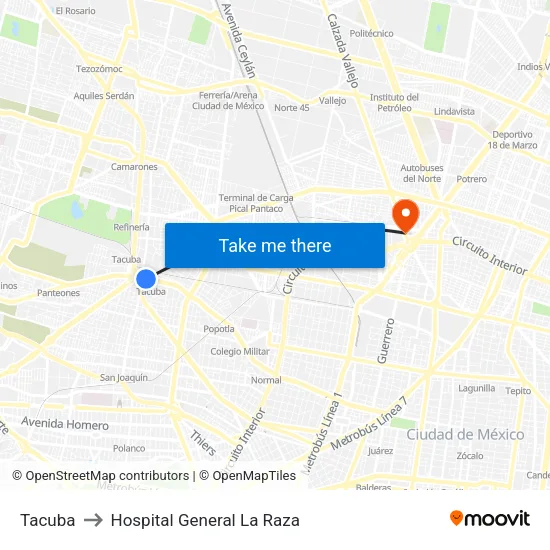 Tacuba to Hospital General La Raza map