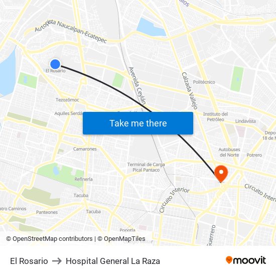 El Rosario to Hospital General La Raza map