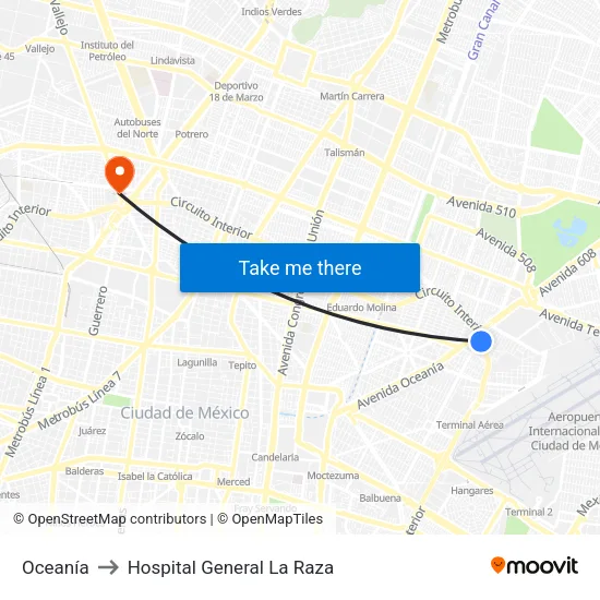 Oceanía to Hospital General La Raza map