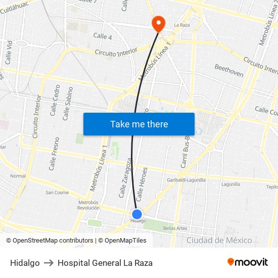 Hidalgo to Hospital General La Raza map