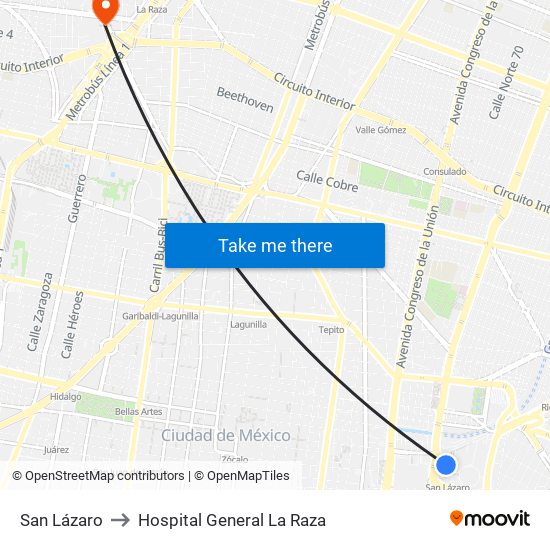 San Lázaro to Hospital General La Raza map