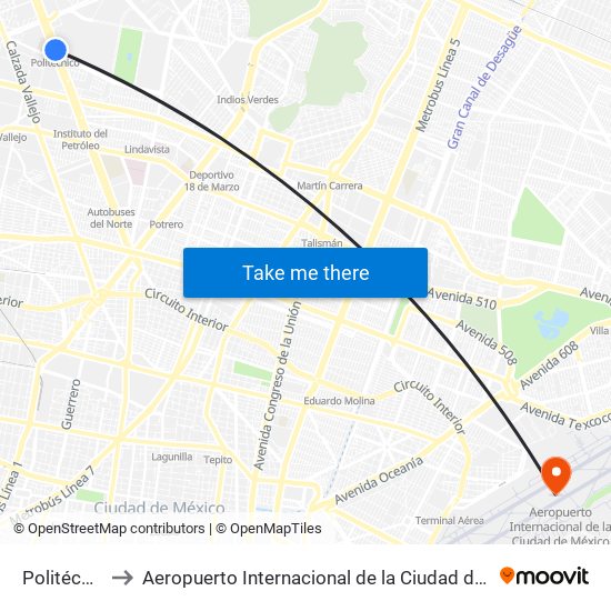 Politécnico to Aeropuerto Internacional de la Ciudad de México map