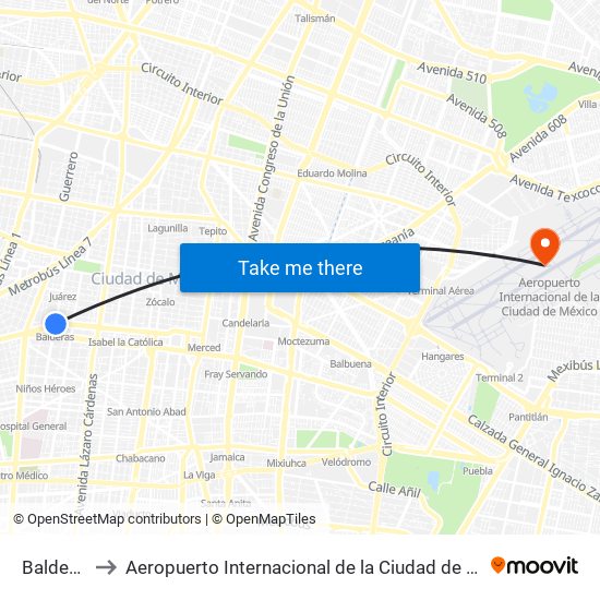 Balderas to Aeropuerto Internacional de la Ciudad de México map