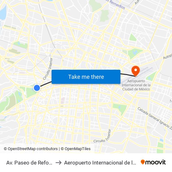 Av. Paseo de Reforma - Gandhi to Aeropuerto Internacional de la Ciudad de México map