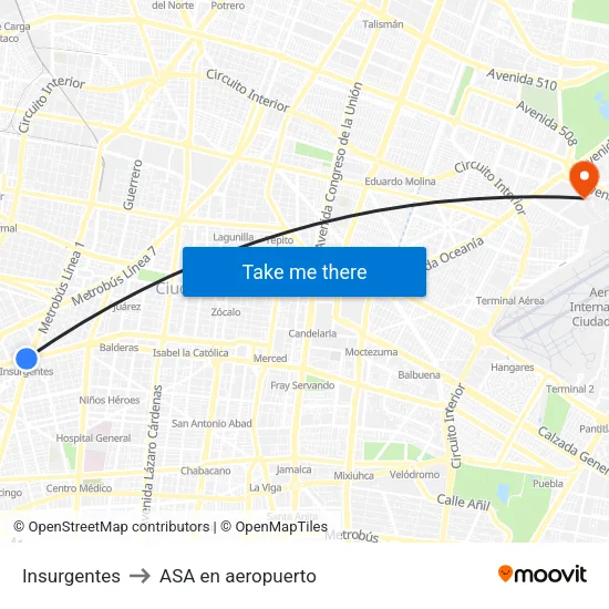 Insurgentes to ASA en aeropuerto map