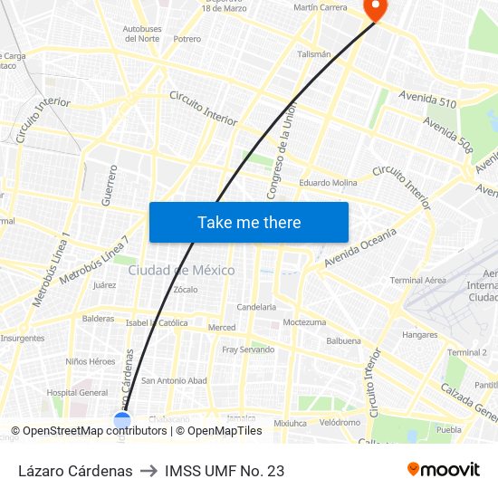 Lázaro Cárdenas to IMSS UMF No. 23 map