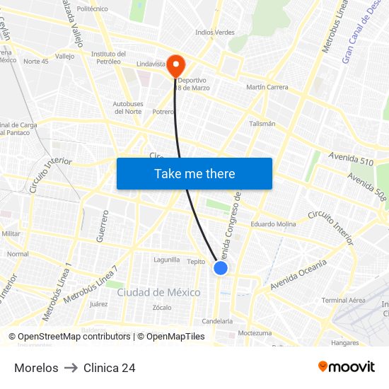 Morelos to Clinica 24 map