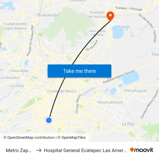 Metro Zapata to Hospital General Ecatepec Las Americas map