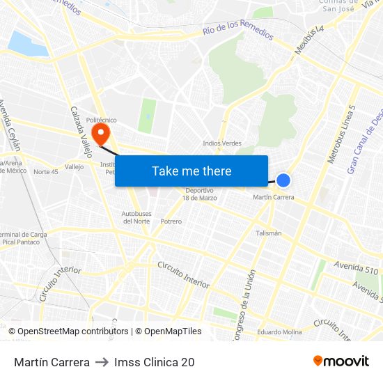 Martín Carrera to Imss Clinica 20 map