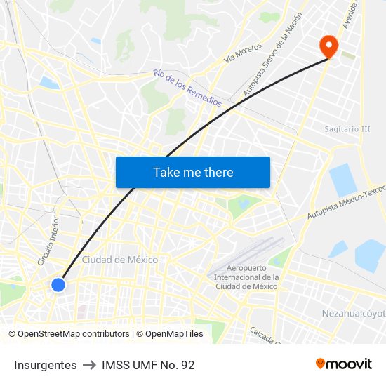 Insurgentes to IMSS UMF No. 92 map