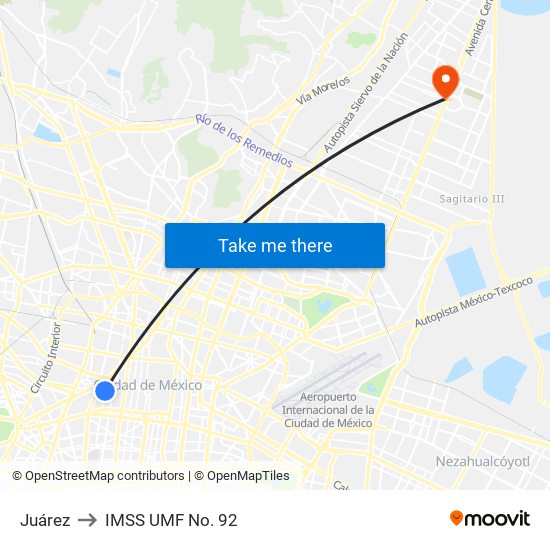 Juárez to IMSS UMF No. 92 map