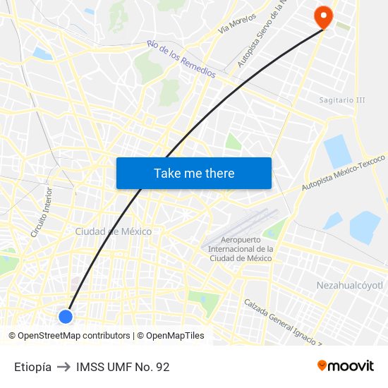 Etiopía to IMSS UMF No. 92 map