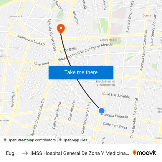 Eugenia to IMSS Hospital General De Zona Y Medicina Familiar #26 map