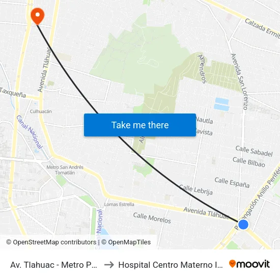 Av. Tlahuac - Metro Periférico Ote. to Hospital Centro Materno Infantil Privado map