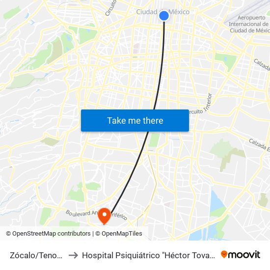 Zócalo/Tenochtitlán to Hospital Psiquiátrico "Héctor Tovar Acosta" IMSS map