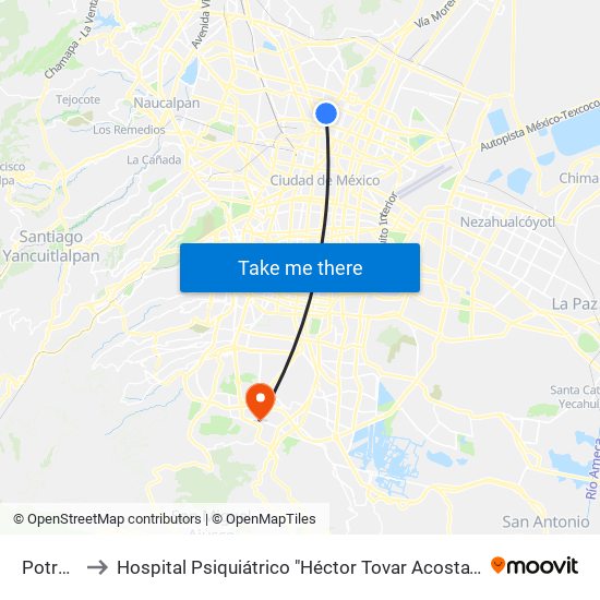 Potrero to Hospital Psiquiátrico "Héctor Tovar Acosta" IMSS map