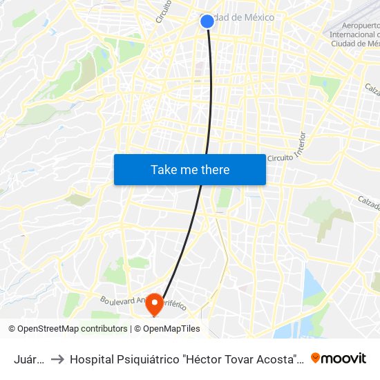 Juárez to Hospital Psiquiátrico "Héctor Tovar Acosta" IMSS map