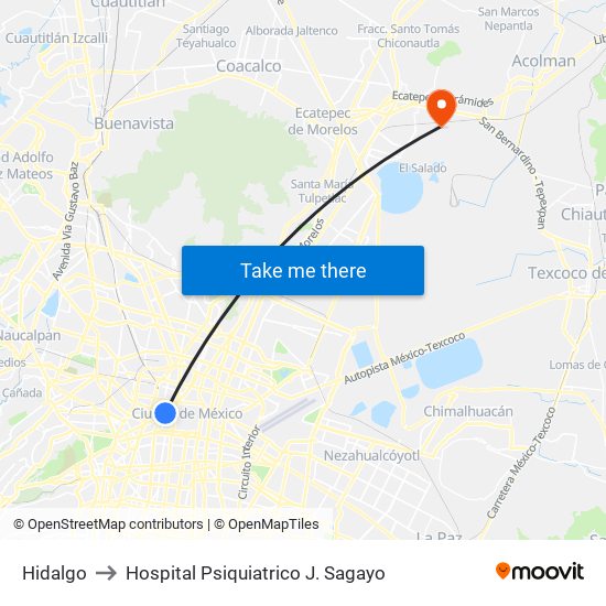 Hidalgo to Hospital Psiquiatrico J. Sagayo map