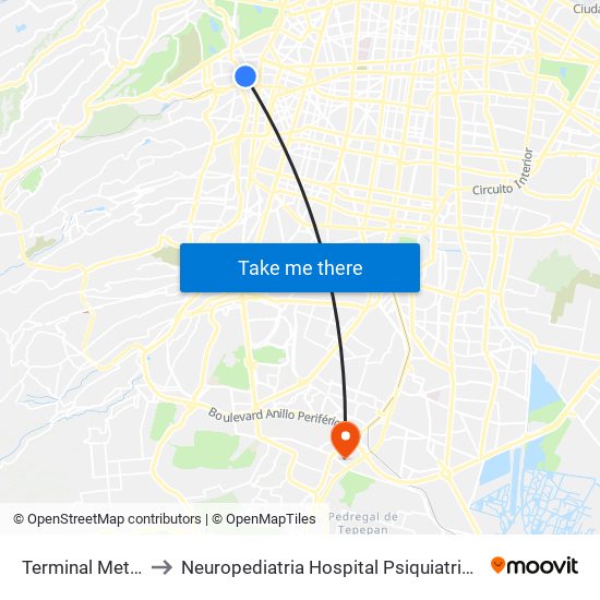 Terminal Metro Tacubaya to Neuropediatria Hospital Psiquiatrico Infantil Dr. Juan N Navarro map