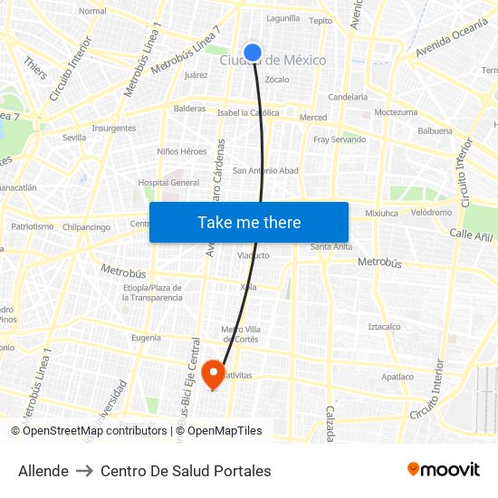Allende to Centro De Salud Portales map