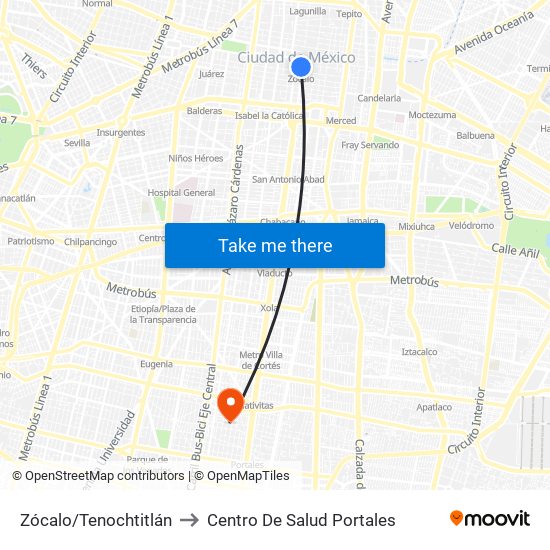 Zócalo/Tenochtitlán to Centro De Salud Portales map