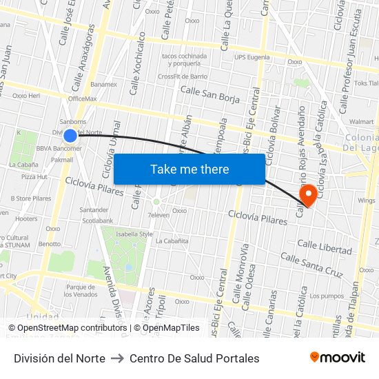 División del Norte to Centro De Salud Portales map