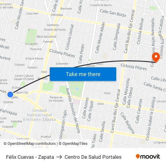 Félix Cuevas - Zapata to Centro De Salud Portales map