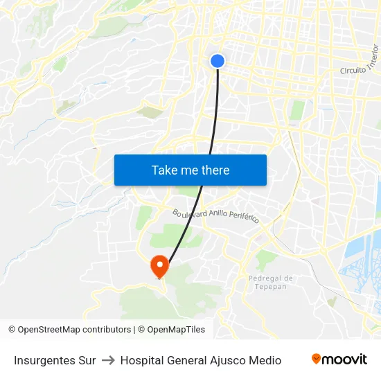 Insurgentes Sur to Hospital General Ajusco Medio map