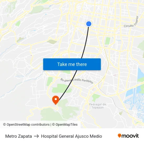 Metro Zapata to Hospital General Ajusco Medio map