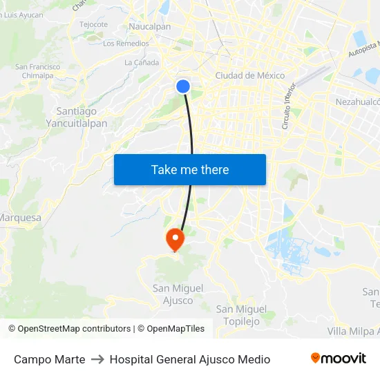 Campo Marte to Hospital General Ajusco Medio map
