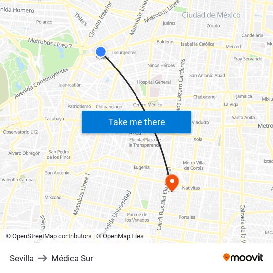 Sevilla to Médica Sur map