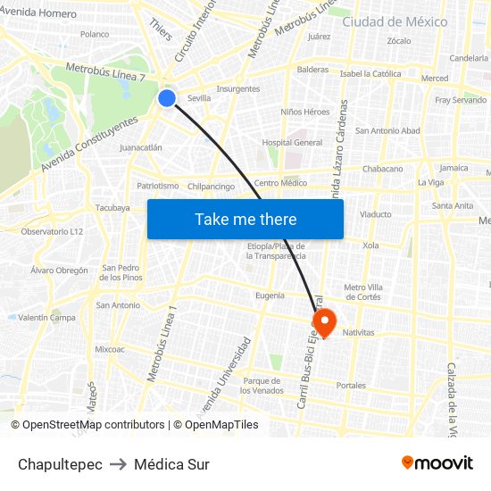 Chapultepec to Médica Sur map