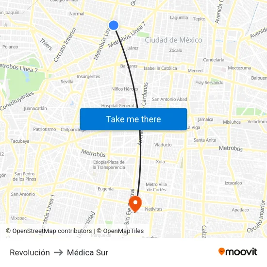 Revolución to Médica Sur map