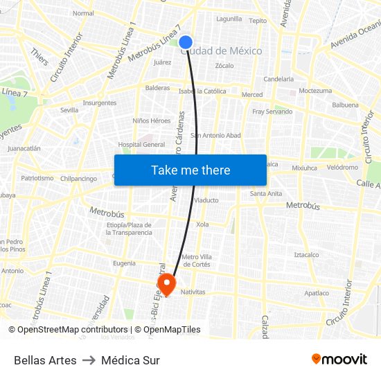 Bellas Artes to Médica Sur map