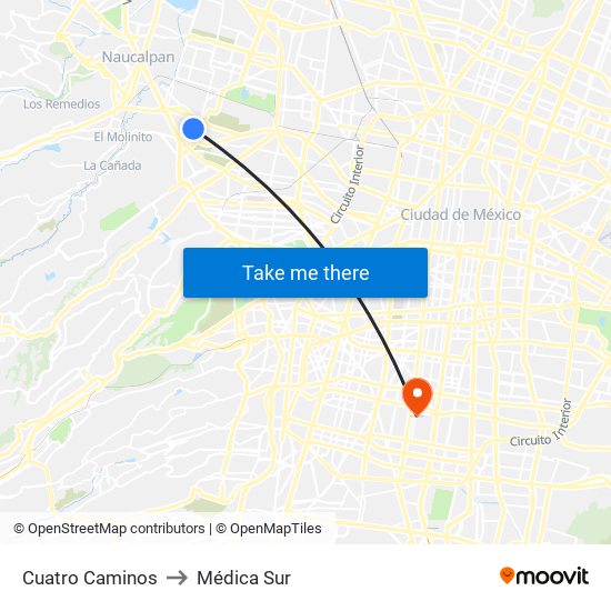 Cuatro Caminos to Médica Sur map