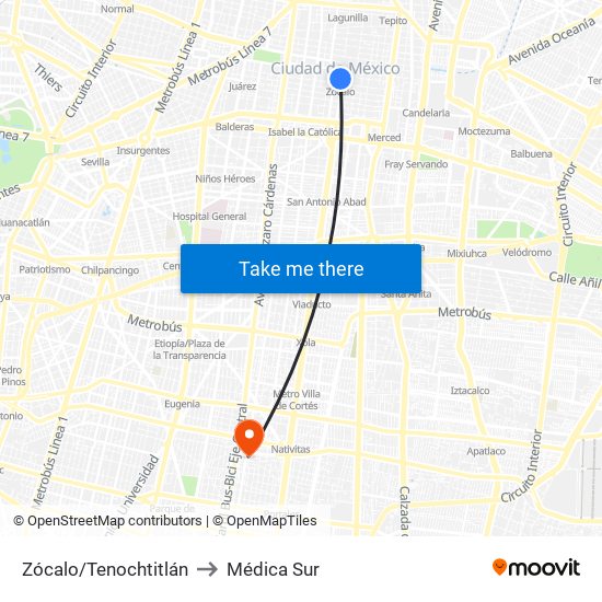 Zócalo/Tenochtitlán to Médica Sur map