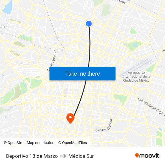 Deportivo 18 de Marzo to Médica Sur map