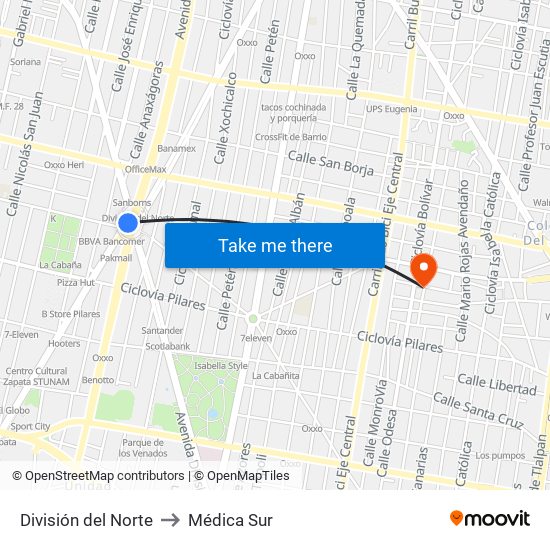 División del Norte to Médica Sur map
