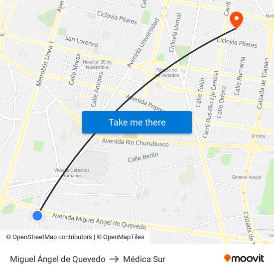 Miguel Ángel de Quevedo to Médica Sur map