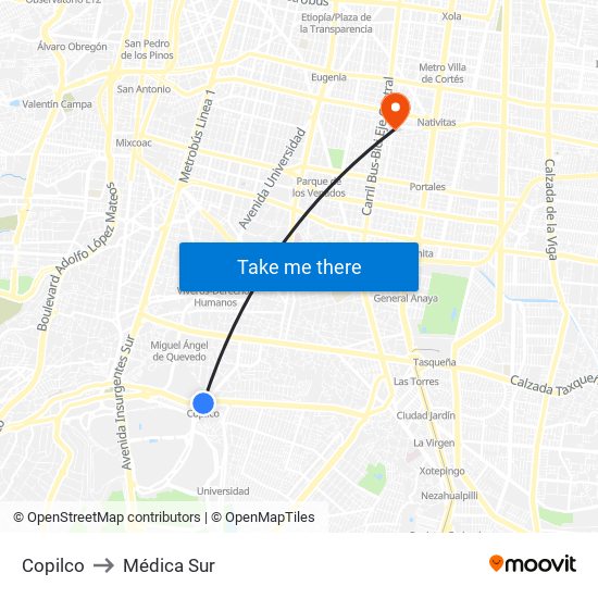 Copilco to Médica Sur map