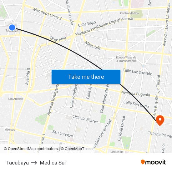 Tacubaya to Médica Sur map