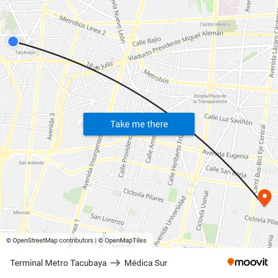 Terminal Metro Tacubaya to Médica Sur map