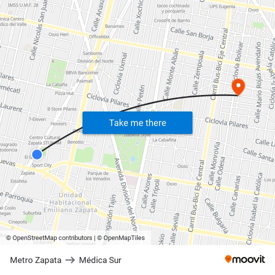 Metro Zapata to Médica Sur map