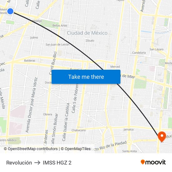 Revolución to IMSS HGZ 2 map