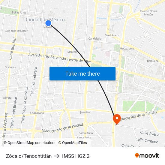 Zócalo/Tenochtitlán to IMSS HGZ 2 map