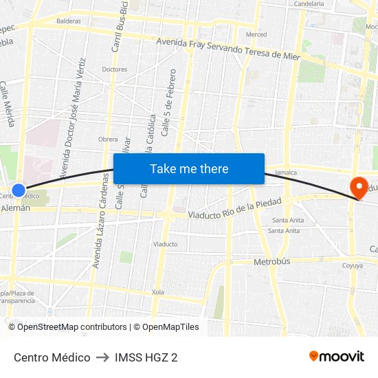 Centro Médico to IMSS HGZ 2 map