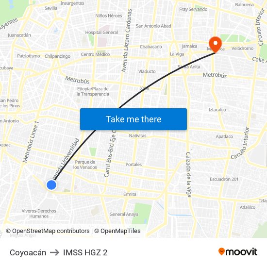 Coyoacán to IMSS HGZ 2 map