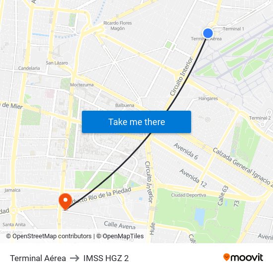 Terminal Aérea to IMSS HGZ 2 map