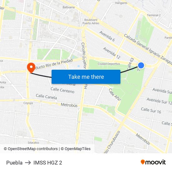 Puebla to IMSS HGZ 2 map