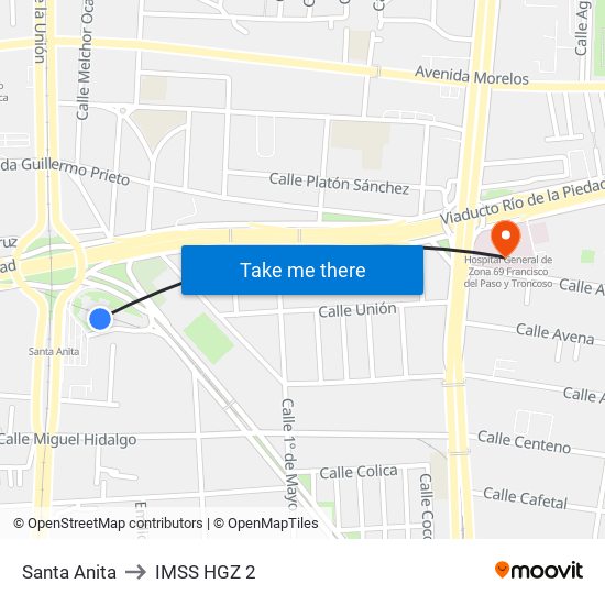 Santa Anita to IMSS HGZ 2 map